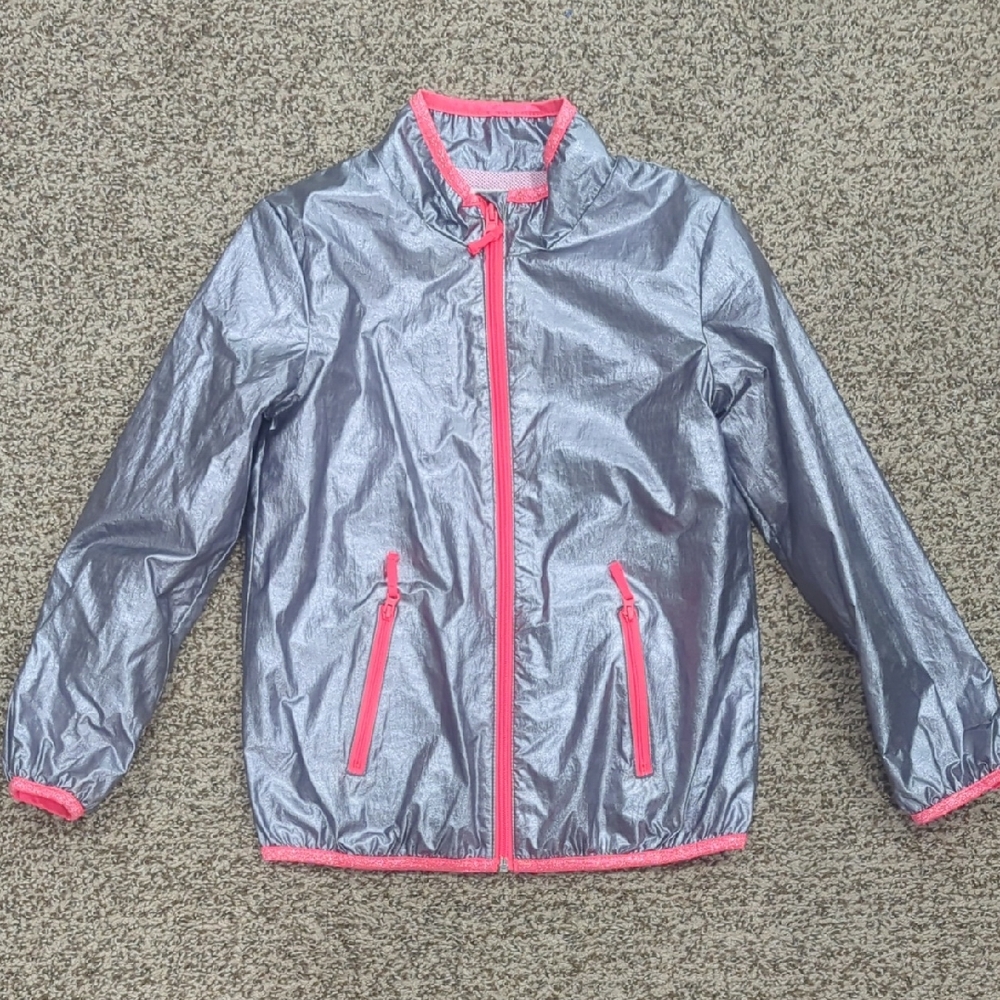 3/$30 Cat and Jack Metallic Silver Neon Pink Windbreaker Full Zip Medium 7-8